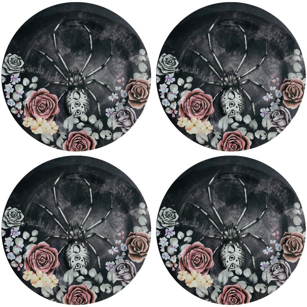 Halloween Melamine 11" Plates Gothic Spider Roses Set of 4 New